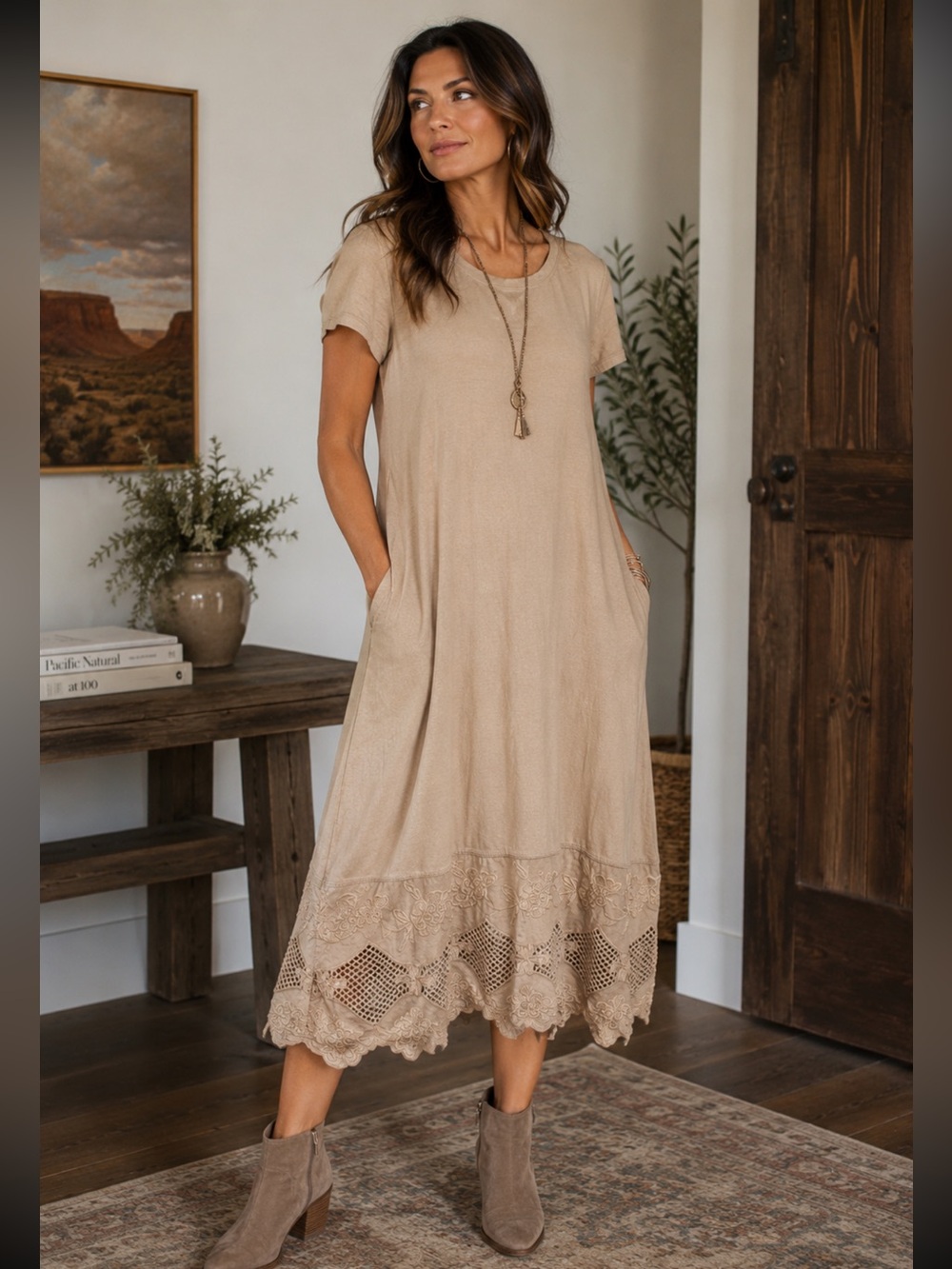 LOGO by Lori Goldstein Beige Crochet-Hem Midi Dress w/ pockets.PS